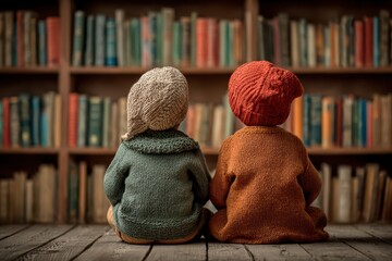 Two cute knitted dolls sitting on a wooden table, adding a touch of charm to the room.
