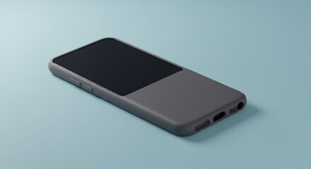A close up shot of a gray phone with a black screen on a light blue background in a studio setting