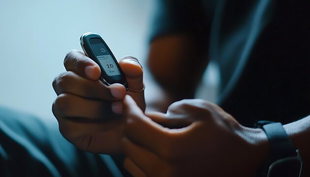 African American Hands Holds Digital Device in Blue Light Technology Setting