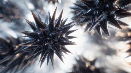 Abstract dark spiky spheres resembling futuristic virus particles on blurred background in 4K digital rendering
