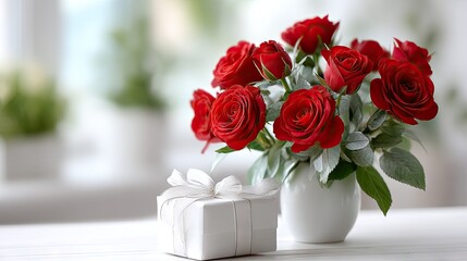Elegant display of red roses, a teacup, and a gift box on a table, creating a romantic atmosphere for a special occasion or celebration