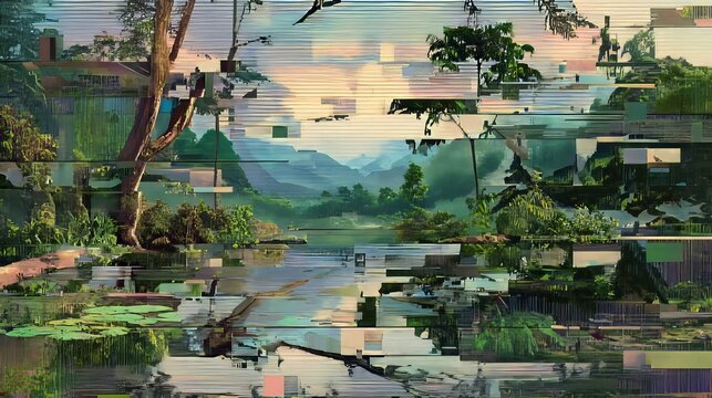 Abstract digital landscape with glitch effects, pixelated trees, water, and mountains in 4K resolution