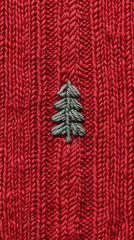 Close-up view of a Christmas tree embroidery on a red knit fabric. The festive season is approaching.