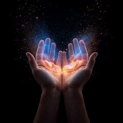 Human hands cupped open emitting glowing cosmic dust and light image