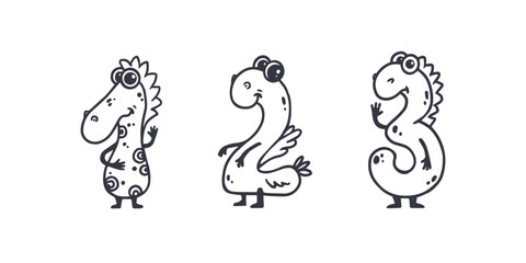 set of funny cartoon monster digits from 1 to 3 in doodle style. Hand drawn, black and white illustration. Good for lettering or font design, headers, t-shirts, kids illustration. Vector