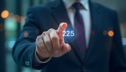 Businessman Touching Virtual Interface Screen with Digital Number 225 at Night