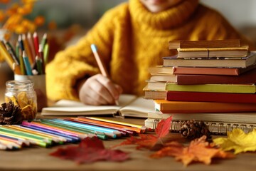 A young girl sitting at a table happily opening new books. The wooden table is filled with a pile of books.