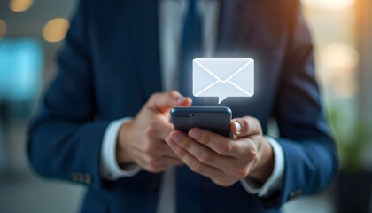 Businessman Checking Email Notification on Smartphone in Office Environment