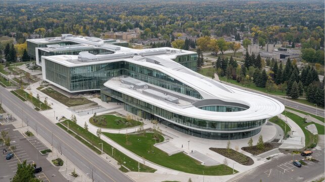 modern campus building aerial view