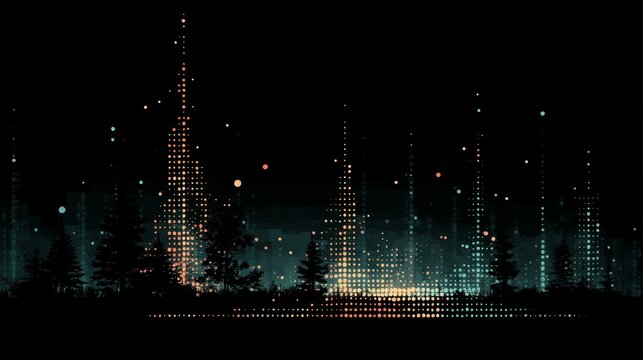 Abstract digital forest at night with vertical glowing orange and blue dotted light beams on black background in 4k resolution