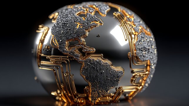 Global Technology: A Metallic World Map with Circuitry
