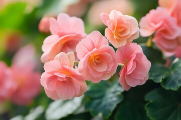 Beautiful CloseUp of Light Pink Begonia Flowers with Detailed Petals and Green Leaves