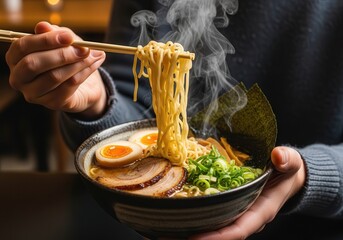 Close up of a person holding a bowl of delicious ramen with chopsticks and steam rising from the hot broth, a tasty and flavorful meal