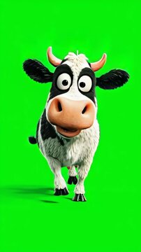 A cheerful cartoon cow with large expressive eyes standing against a bright green background, perfect for children's media and farm themes.