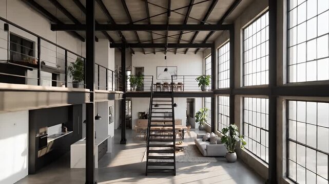 Spacious industrial-style loft apartment with high ceilings, mezzanine, and large windows.