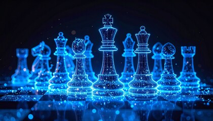 Glowing Blue Chess Pieces on Dark Board Strategic Game.