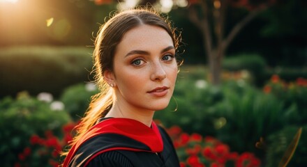 Young woman in academic dress amid garden bokeh