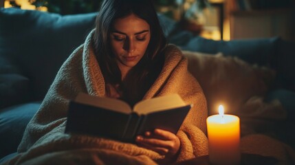 Young caucasian woman reading by candlelight at home in cozy blanket
