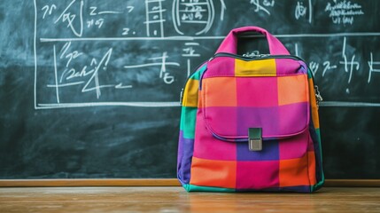 Colorful backpack in classroom with chalkboard mathematics concepts