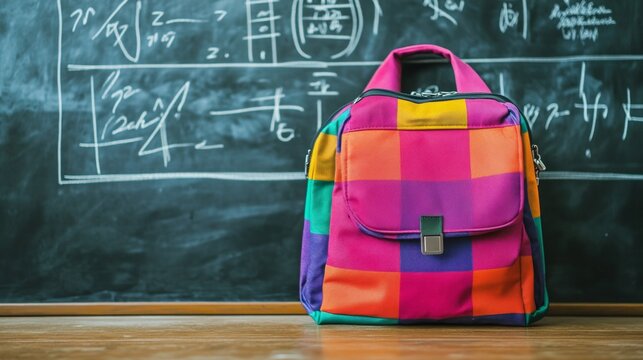 Colorful backpack in classroom with chalkboard mathematics concepts