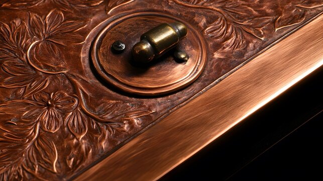 Closeup Embossed Copper Floral Design Box Lid Latch Detail