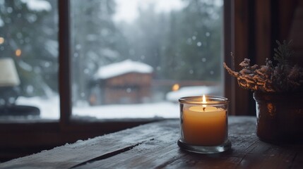 Cozy cabin interior with candlelight and winter snowfall outside the window