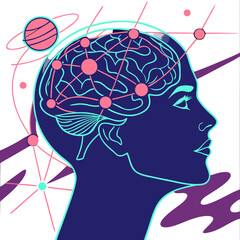 Abstract illustration of a brain with network connections, planets, and futuristic elements concept of intelligence, knowledge, and human mind