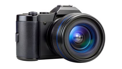 Closeup of a modern digital camera with a large lens, isolated on transparent background, showcasing its design and optical capabilities