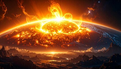 Fototapeta premium Fiery Cosmic Explosion Over Alien Planet Landscape.