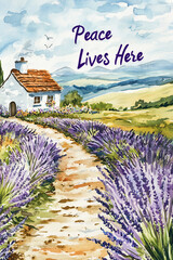 Fototapeta premium Charming lavender pathway leading to countryside cottage with scenic landscape: concept of home decor, greeting cards, travel promotions