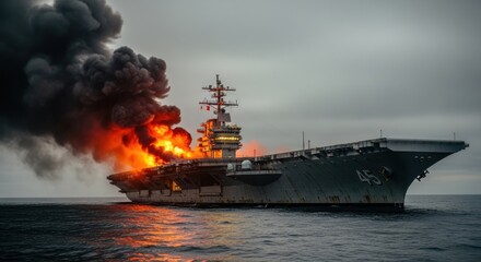 Aircraft carrier engulfed in flames, thick black smoke billows against grey skies