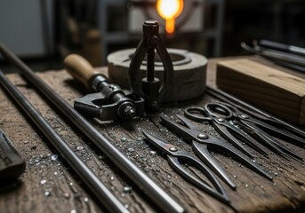Glassblowing tools on a wooden table in a workshop, showcasing the artistry and craftsmanship involved in the glassblowing process