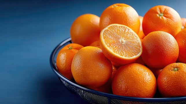 Fresh and vibrant oranges stacked in a wire basket with one orange sliced, showcasing juicy segments and rich color against a blue background - Powered by Adobe
