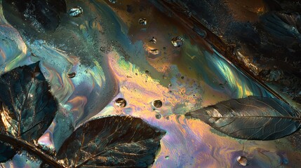 Close-up of iridescent oil film with colorful rainbow patterns, water droplets, and dark leaves on wet surface in 4K resolution