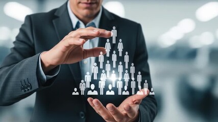 A person in a suit protects a glowing pyramid of abstract people Leadership and organizational structure are represented Support and development concept
