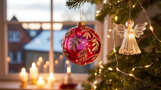 Festive christmas tree ornament and angel decoration by window