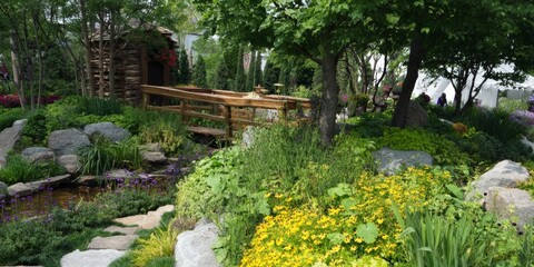 Serene garden landscape with wooden bridge and vibrant flowers.