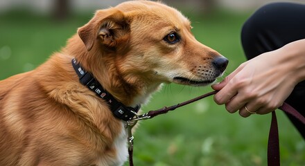 Hand fastening leash to dog collar before walk, pet care and outdoor activity concept