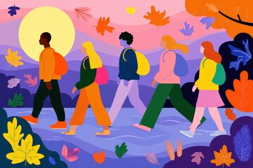 A group of children walking to school in a park, carrying colorful backpacks. They are chatting and enjoying their morning stroll.