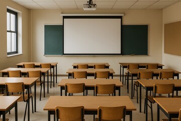 Modern Academic Classroom Interior with Desks, Blackboard, and Projector for Effective Learning