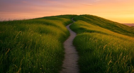 Obraz premium A winding path through a grassy hill at sunset with a soft orange glow in the background sky above it