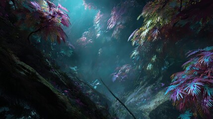 Fototapeta premium 4K mystical forest with vibrant foliage, moss-covered rocks, and soft light filtering through dense, colorful canopy creating a dreamy and tranquil atmosphere