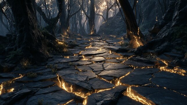 Mystical dark forest with glowing golden light emanating from cracked stone pathway under filtered sunlight in 4K resolution - Powered by Adobe