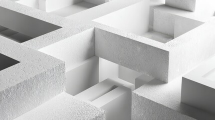Close-up 4K abstract 3D composition of interlocking white geometric blocks with textured surfaces in a minimalist, modern architectural style