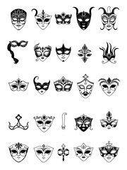 Collection of Vintage Masquerade and Carnival Mask Icons in Black and White Vector Illustration