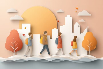 A colorful paper art style illustration of children walking in the park. The scene depicts a group of kids enjoying a leisurely stroll in a vibrant and whimsical setting.