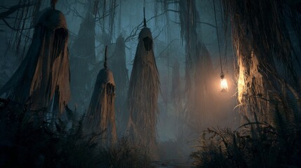 Eerie nighttime forest with ghostly figures hanging from twisted trees illuminated by a dim glowing lantern in a dark and haunting atmosphere