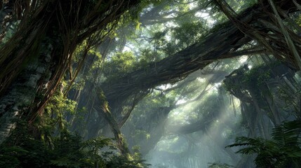Sunlight streaming through dense green forest canopy illuminating lush trees and vibrant undergrowth in a serene natural landscape 4K