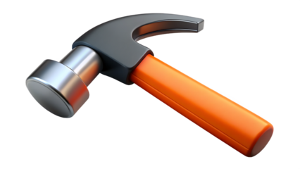 A hammer with an orange handle and metal head isolated on transparent background, a versatile tool for construction, repair, and various carpentry tasks