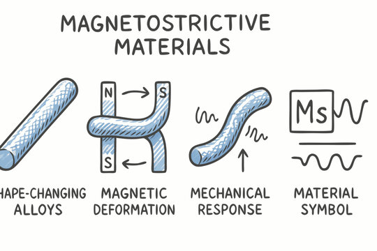 Magnetostrictive Materials Illustration: Shape-Changing Alloys, Magnetic Deformation, Mechanical Response, Material Symbol